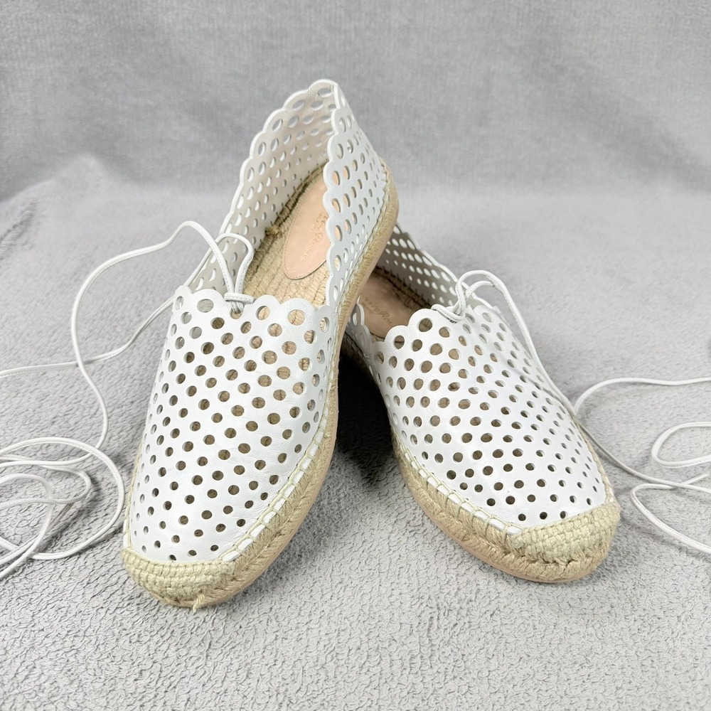 Gianvito Rossi Womens 38.5 White Leather Laser Cut Lace Up Espadrille Flats Shoe